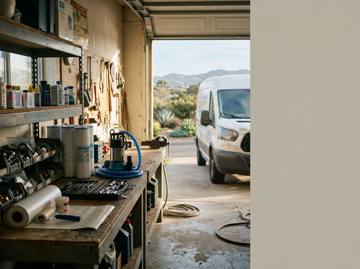 Professional hot tub service tools and equipment ready for maintenance and repair work.