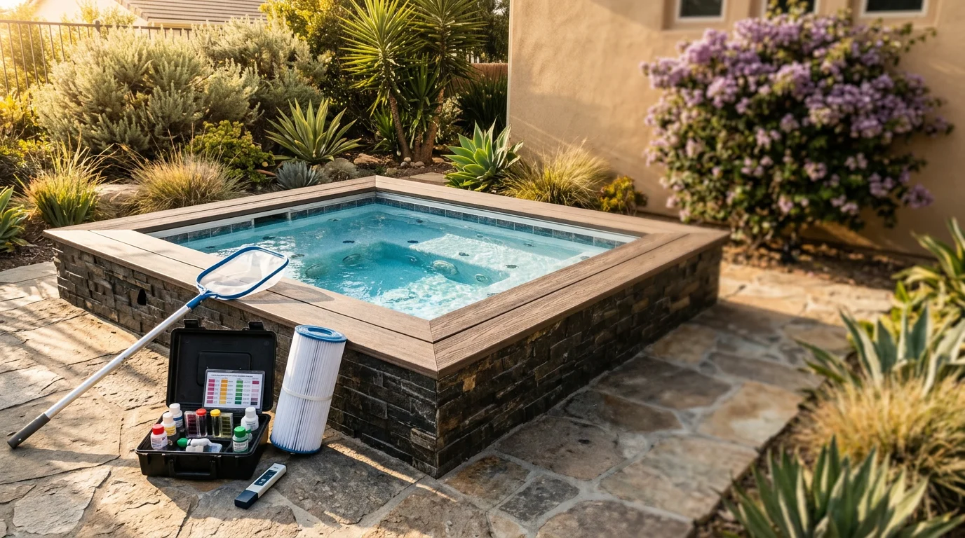 Technician testing hot tub water chemistry in Carlsbad backyard spa
