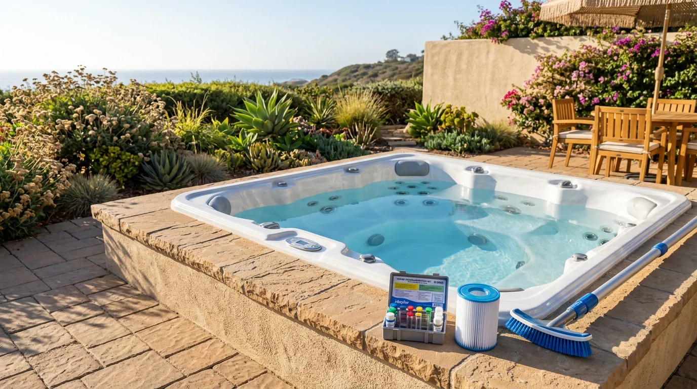 Technician servicing a hot tub in a Carlsbad backyard
