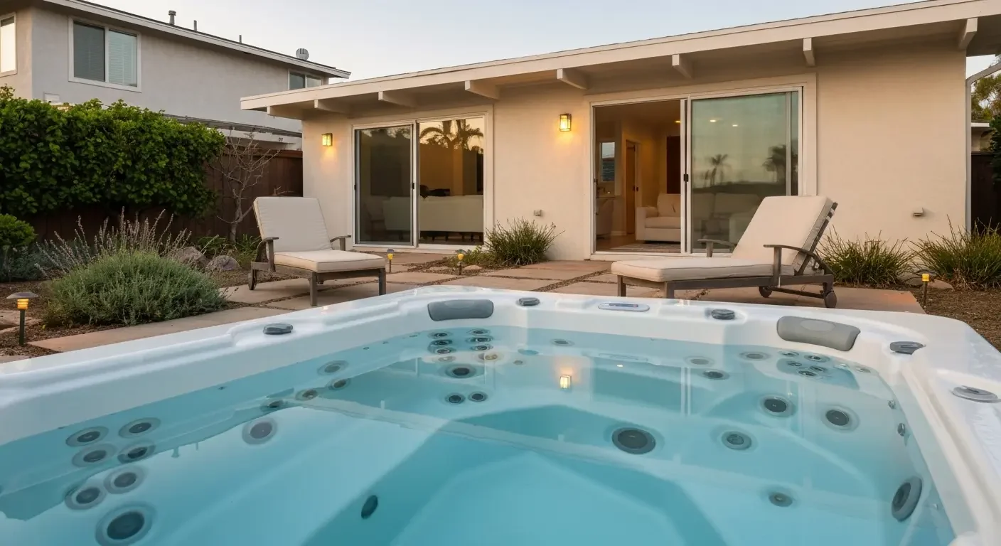 White hot tub with multiple jets and gray headrests in backyard spa setting