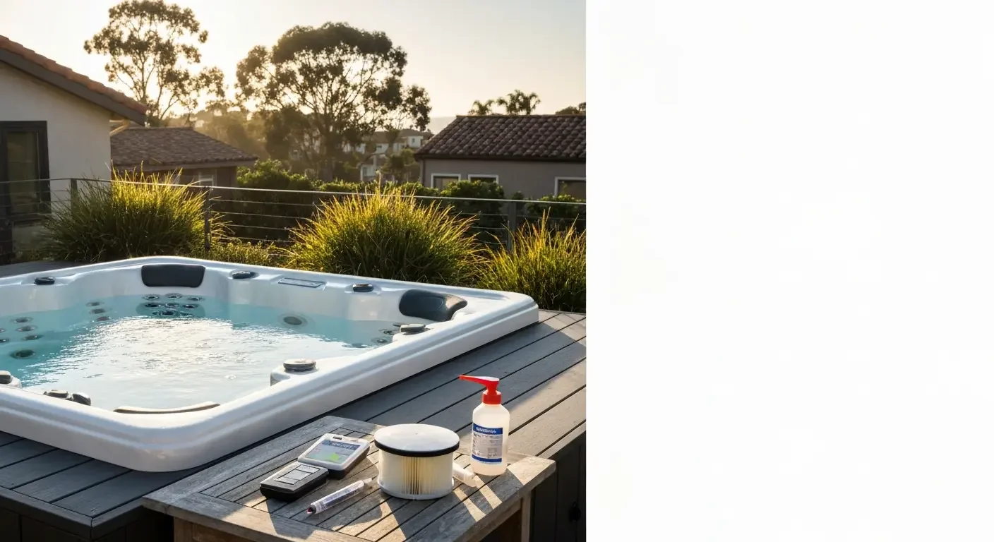 White hot tub with jets on composite deck with maintenance supplies and filters