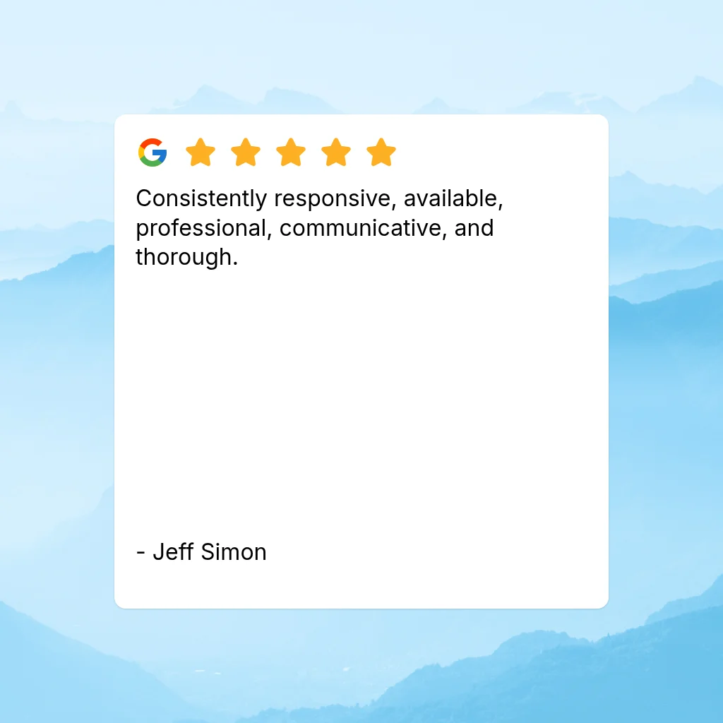 Five-star Google review praising responsive, professional, and thorough service