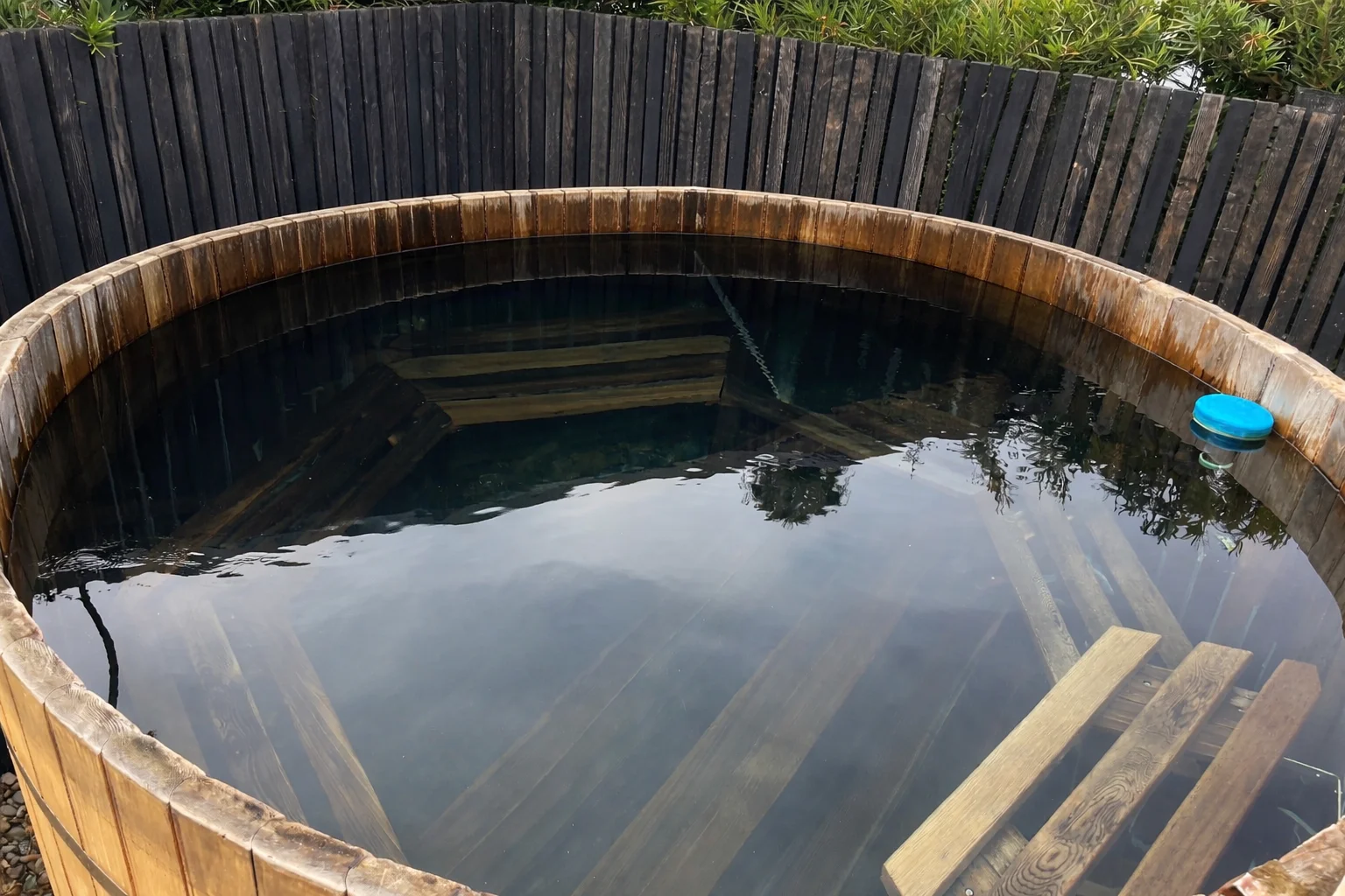 Wooden hot tub with cedar rim, interior bench seating, and clear water