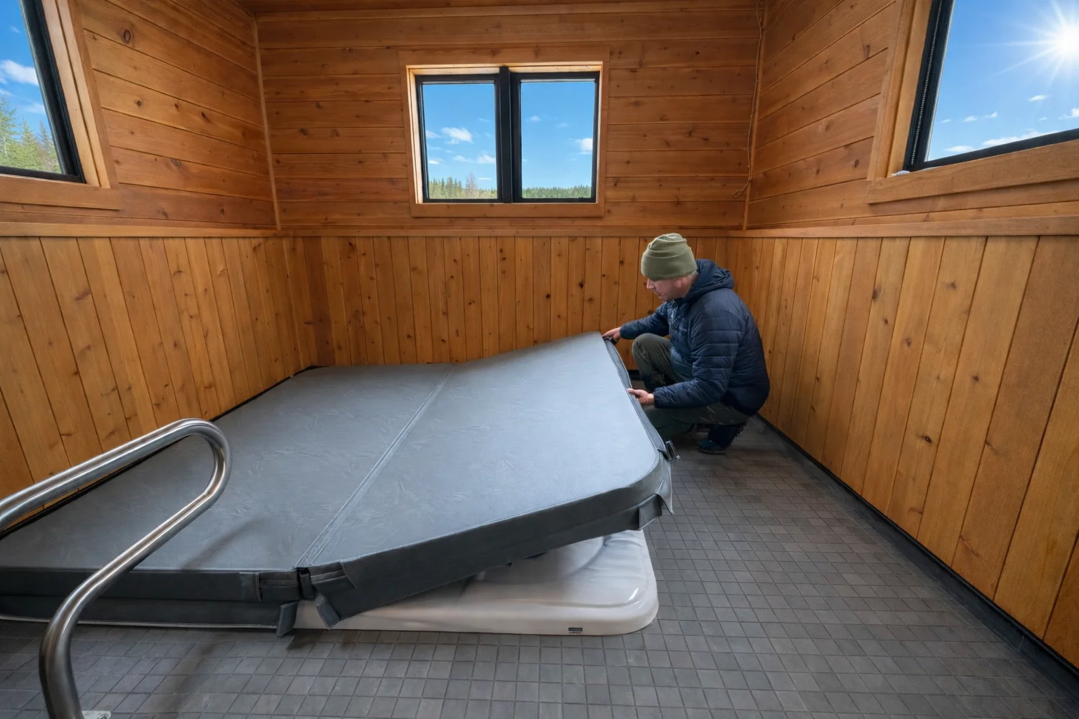 Technician installing gray insulated hot tub cover with black frame on wooden deck