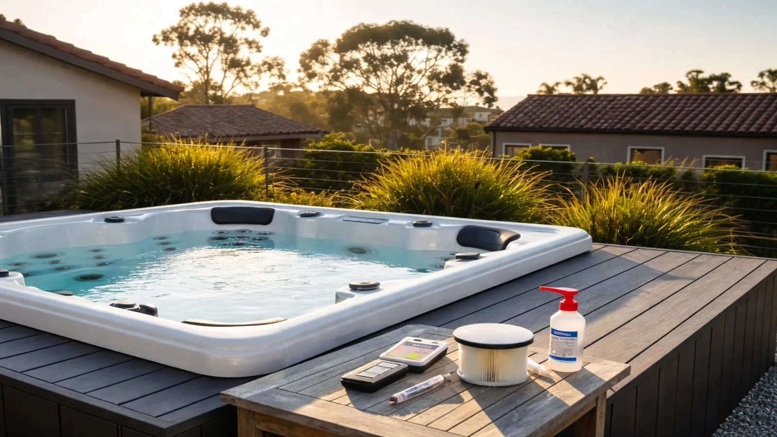 White hot tub with jets and headrests on composite deck with maintenance supplies