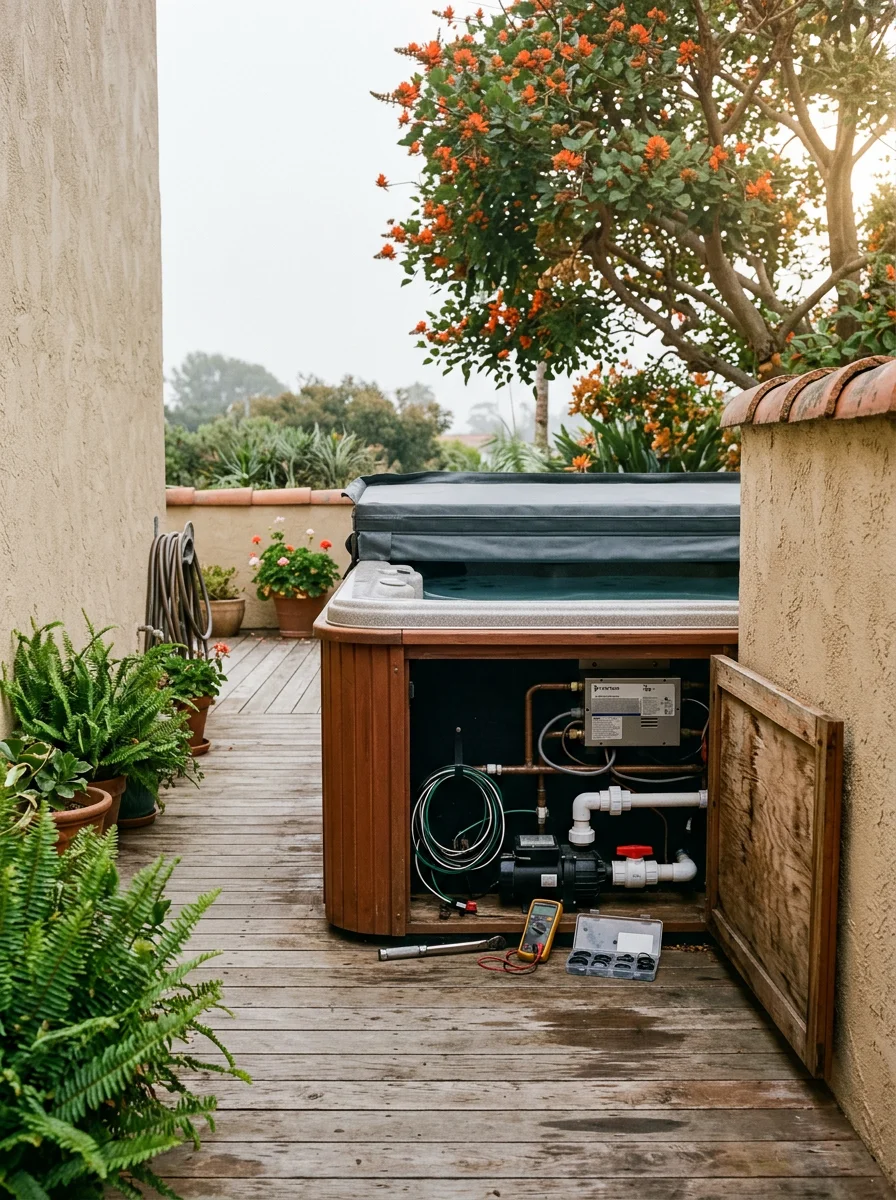 Technician inspecting spa heater and pump equipment at a Cardiff by the Sea home