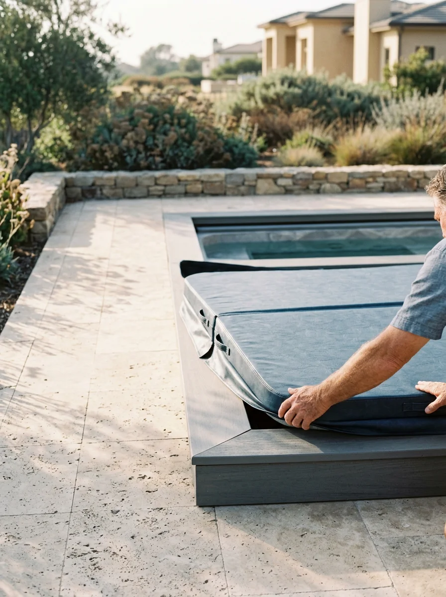 Spa cover fitting being completed on a hot tub at an Aviara-area estate home in Carlsbad, California, showing a large outdoor entertaining space.