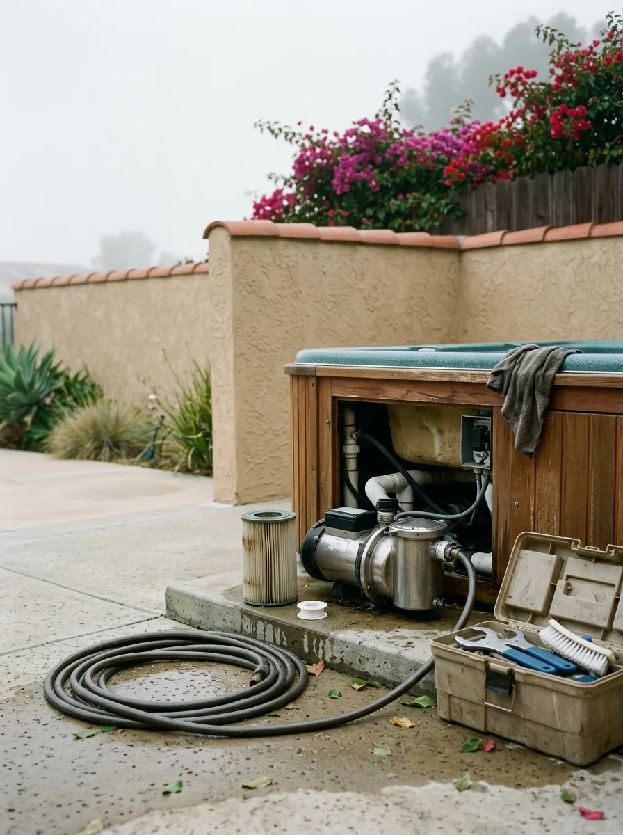 Technician servicing spa equipment and filter at a North County San Diego home