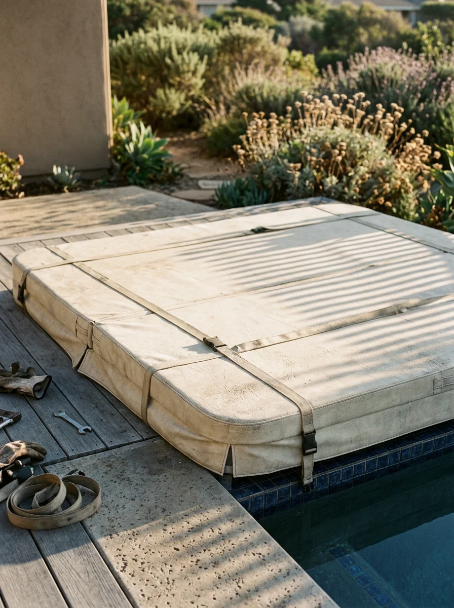 Replacement spa cover being installed on a hot tub at a ranch-style home in Leucadia, Encinitas, showing salt-air-rated vinyl material.