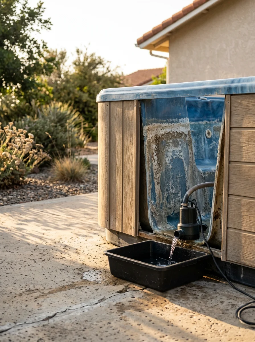 Drain and clean service in progress on a 1990s-era hot tub at a single-family home in Escondido, California, showing mineral scale on the shell.