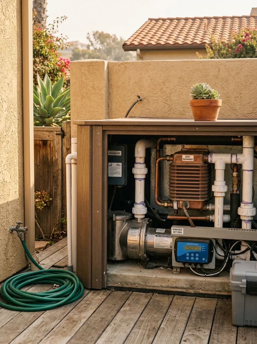 Technician inspecting hot tub heater and pump equipment