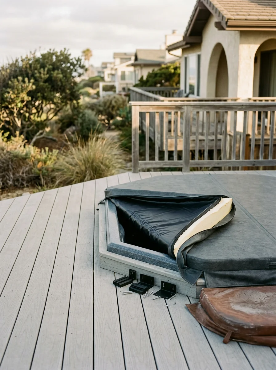 Spa cover replacement in progress on a coastal property near South Oceanside, California, showing salt-air-rated cover material being fitted.