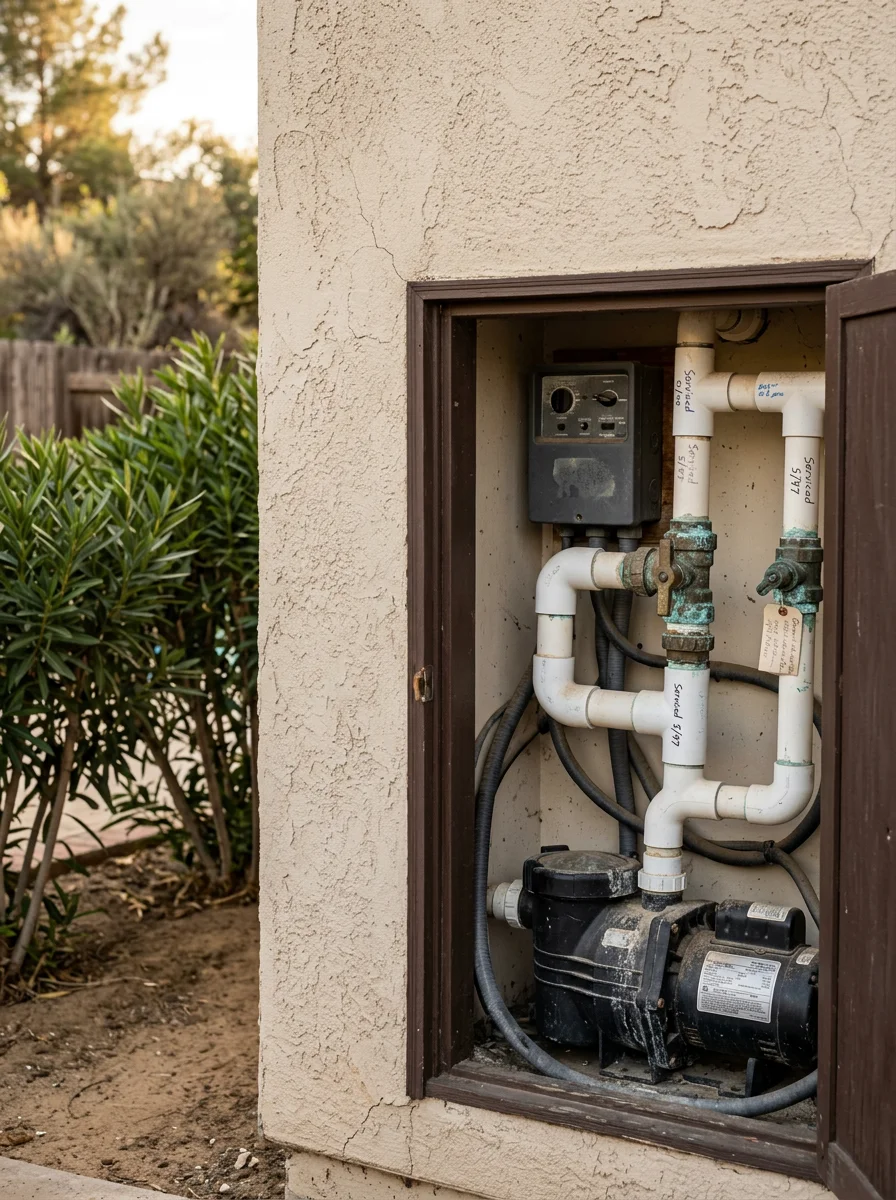 Hot tub pump inspection in progress at a 1990s-era home in Poway, California, showing the equipment compartment open and a technician assessing the motor.