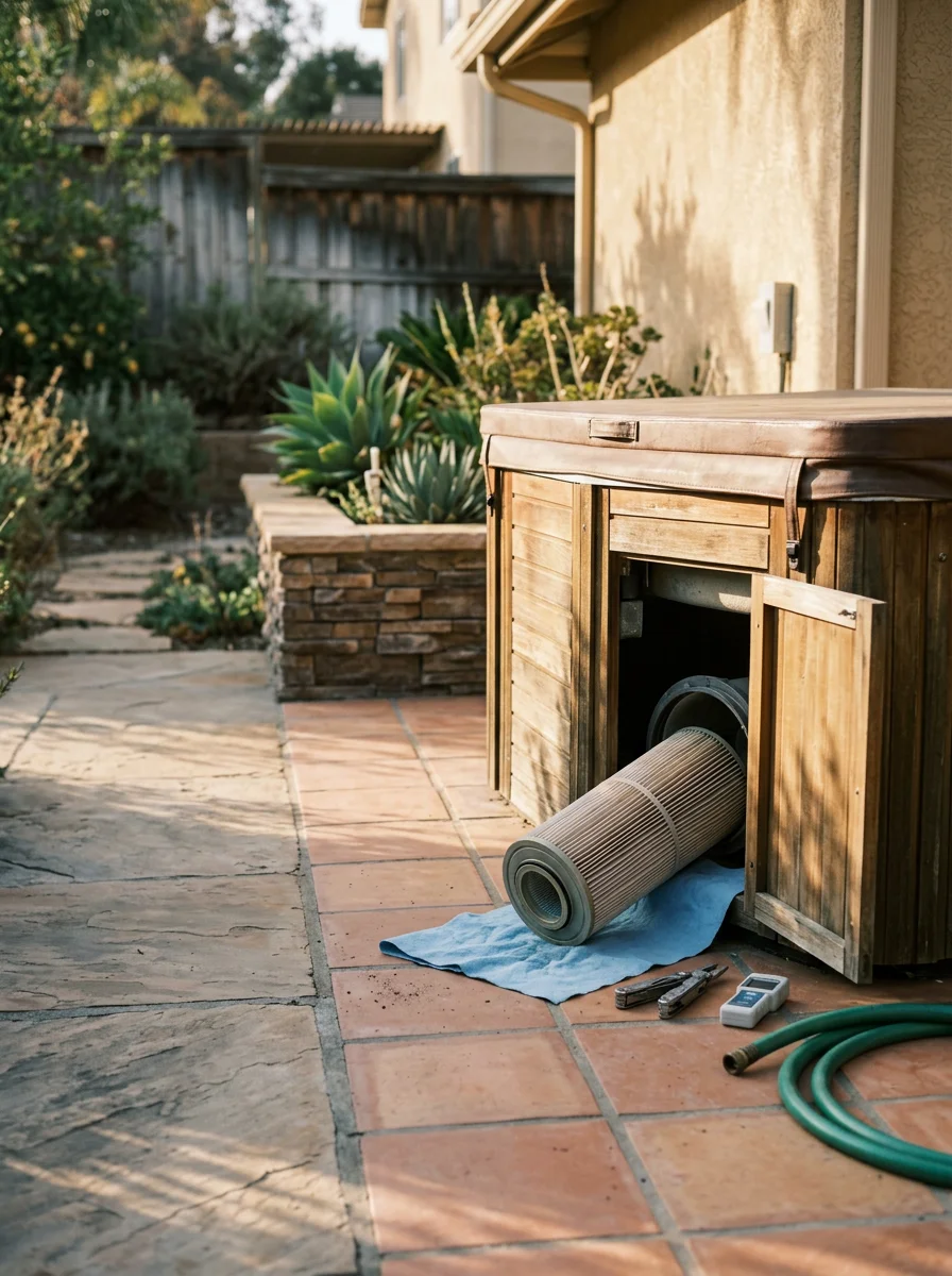 Technician inspecting spa equipment and filter at a Rancho Bernardo home