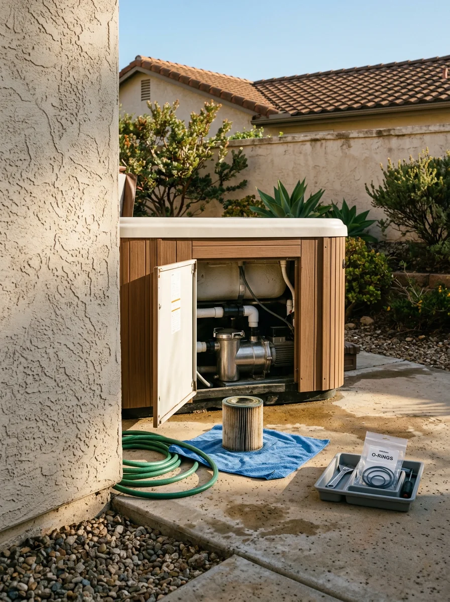 Technician checking hot tub filter and equipment in a San Diego backyard