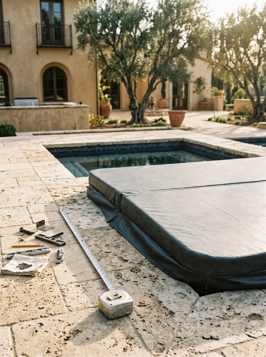 Custom-fit spa cover being measured and installed on a non-standard hot tub at a Rancho Santa Fe Covenant estate, showing a large private outdoor living space.