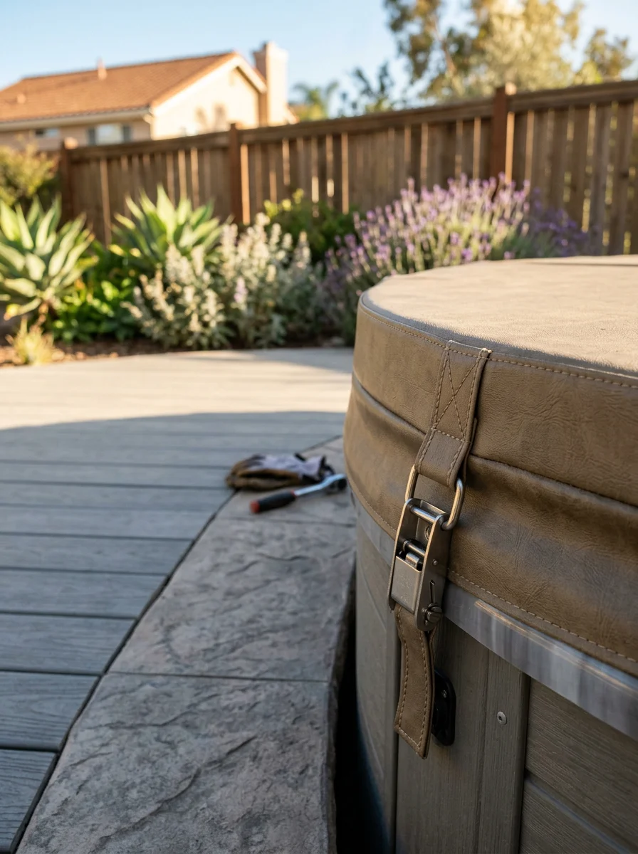 Close-up of a spa cover replacement being fitted on a residential hot tub in a sun-exposed San Marcos backyard.
