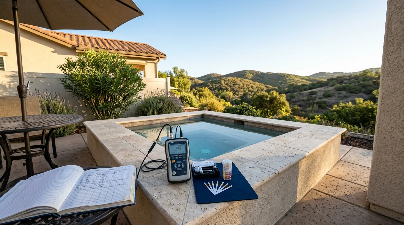Hot tub technician performing maintenance service on a backyard spa at a single-family home in San Marcos, California, with rolling inland hills visible in the background.
