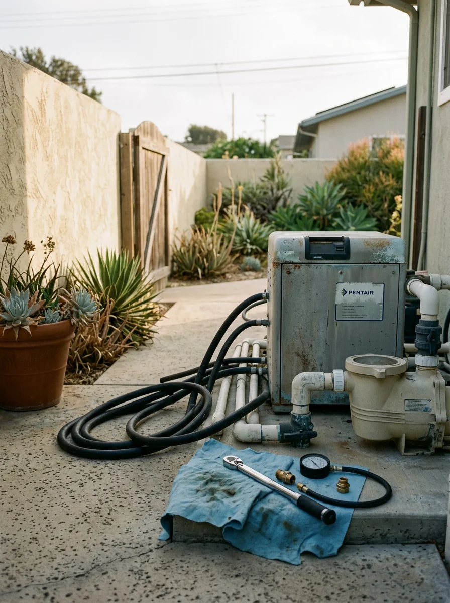 Technician inspecting spa pump and heater equipment for coastal corrosion