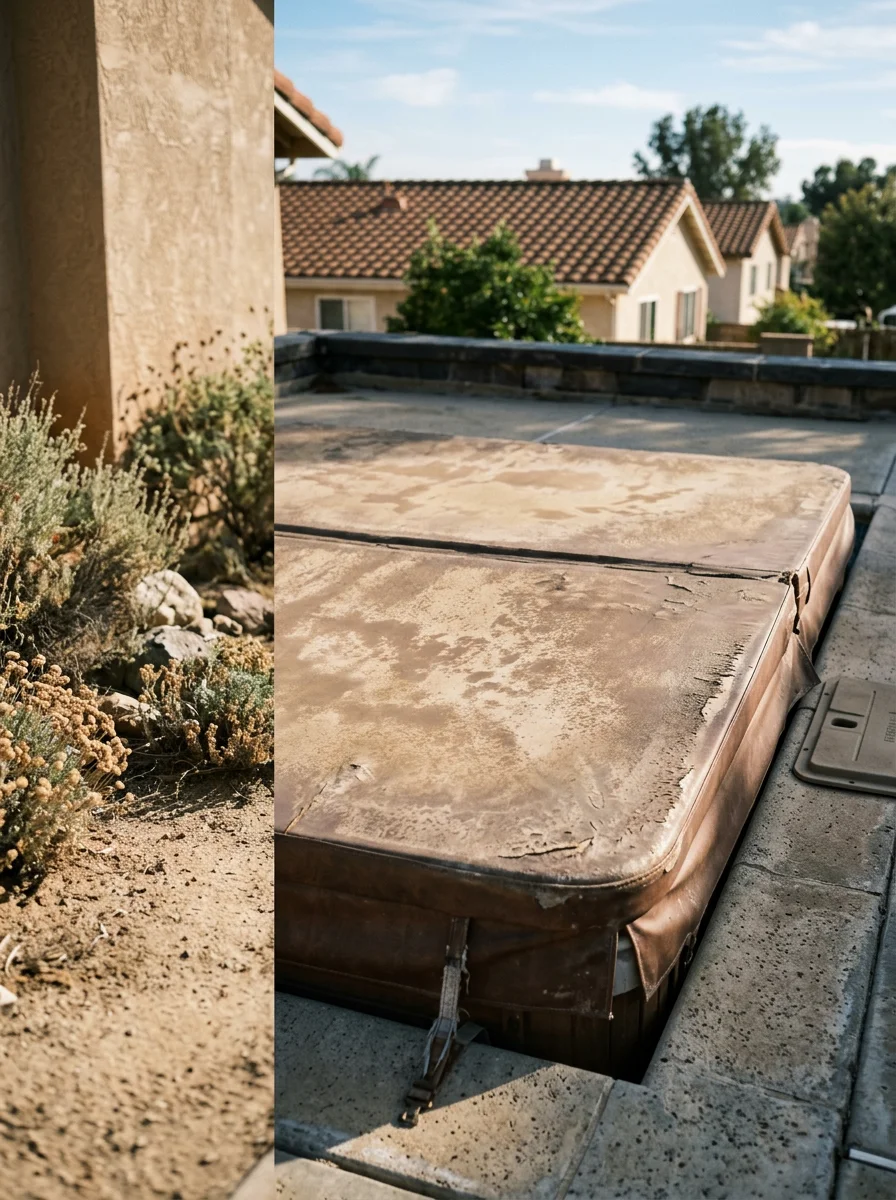 Spa cover inspection at a 1990s tract home in Shadowridge, Vista, California, showing UV-faded vinyl cover being assessed for replacement.
