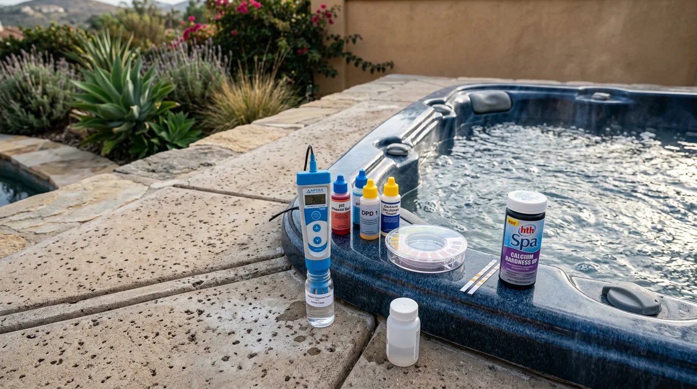A hot tub with clear, still water in a San Marcos backyard, showing clean jet surfaces and no visible scale or foam. A technician tests the water chemistry with a professional kit during a routine service visit.