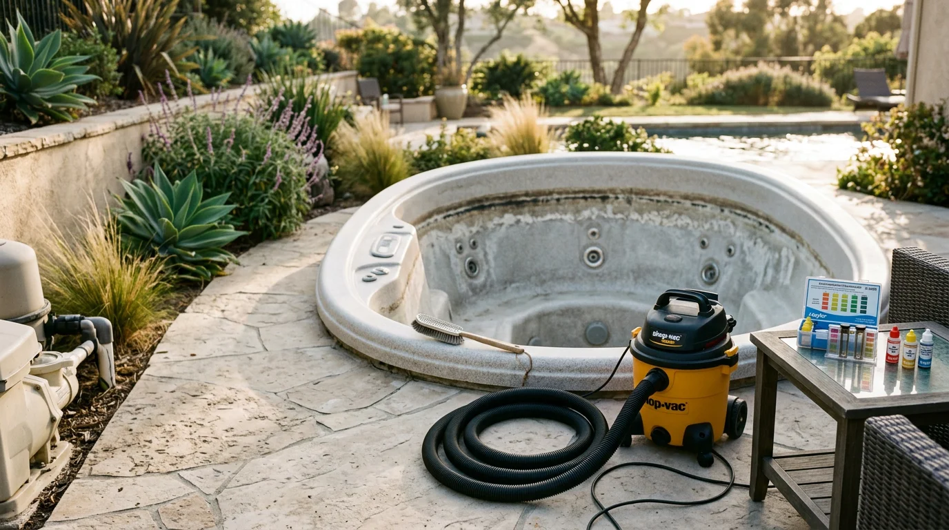 A freshly drained and scrubbed hot tub shell with clean, clear water being refilled in a San Marcos backyard. A spa technician from White Sands Spa Repair wipes down the waterline after completing a full drain and clean service.