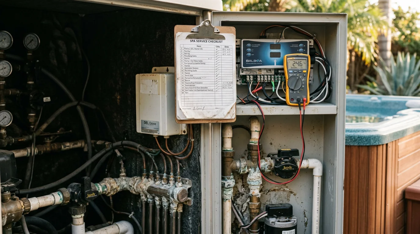 A spa repair technician inspecting the equipment bay of a residential hot tub in San Marcos, California, checking pump connections and plumbing fittings. The spa sits on a backyard patio under clear North County skies.