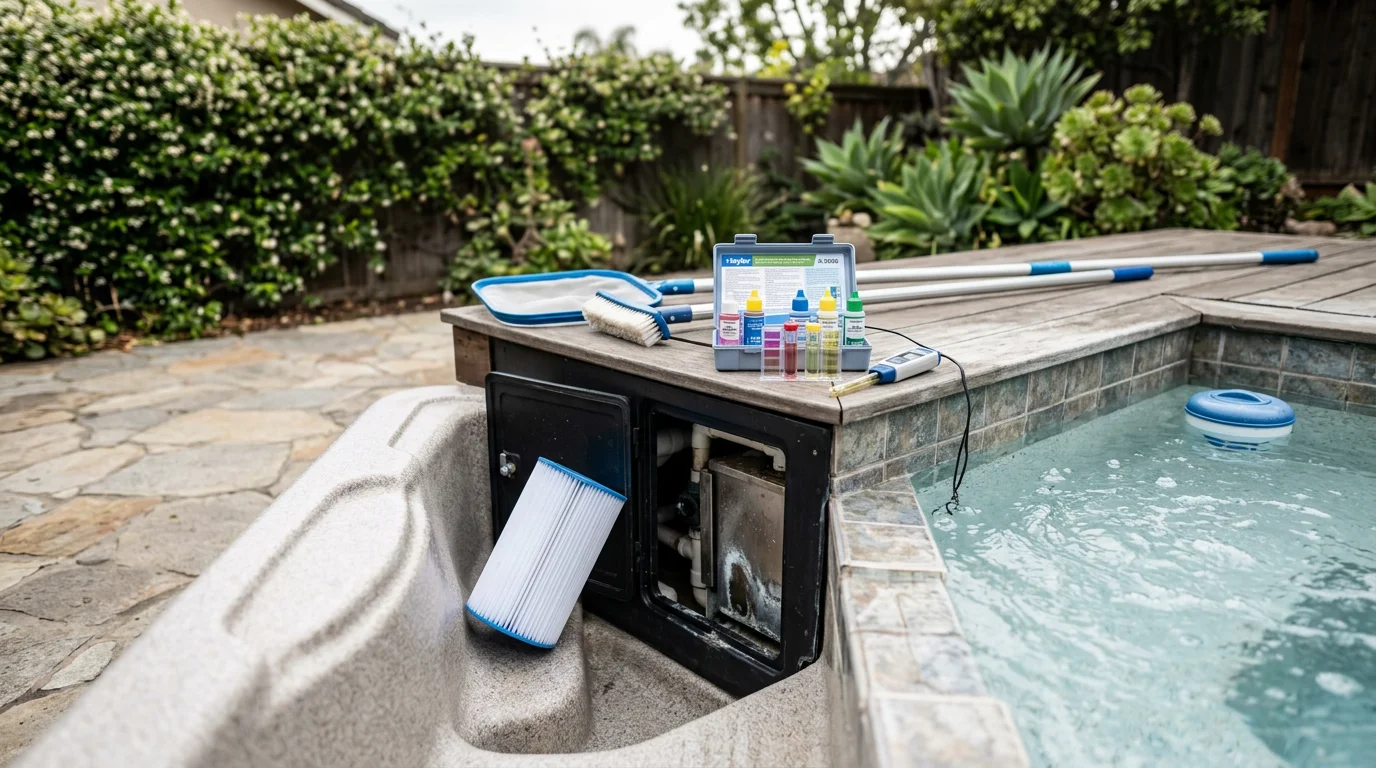 A clean, well-maintained hot tub with clear blue water on a residential backyard patio in San Marcos, California. A spa technician from White Sands Spa Repair checks the water chemistry and inspects the filter during a routine maintenance visit.