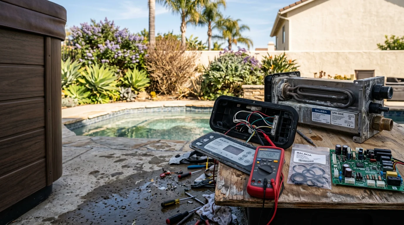 A family-owned spa repair technician inspecting the equipment compartment of a residential hot tub in a San Marcos backyard. Pump, heater, and plumbing components are visible with the access panel open.