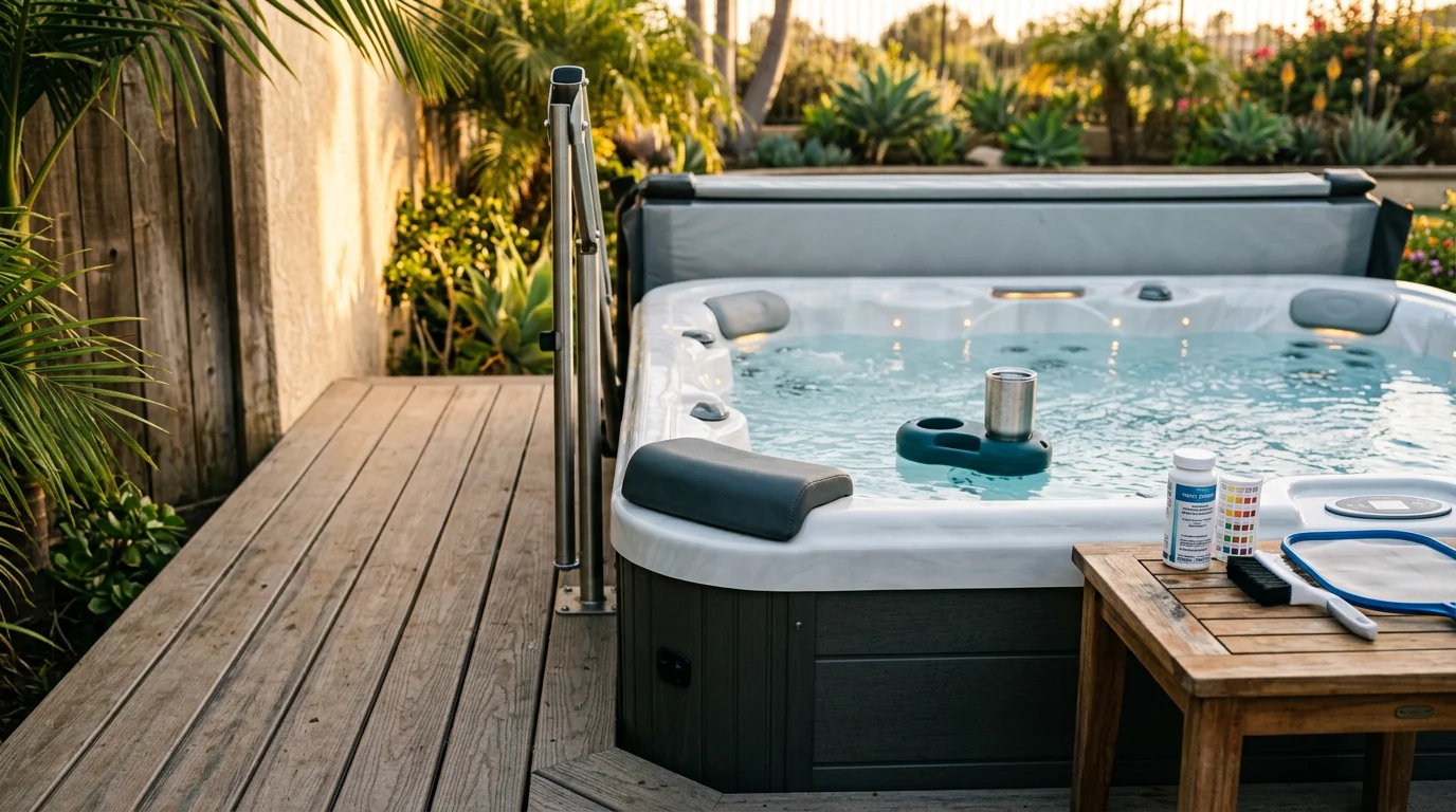 A San Marcos backyard hot tub with entry steps, a cover lifter, and LED lighting installed around the spa cabinet. A headrest cushion rests on the shell edge beside a floating drink holder.