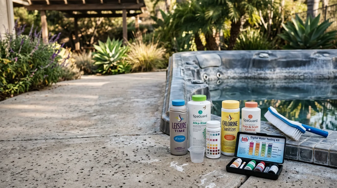 Spa chemical supplies and water testing kit laid out beside a clean, clear hot tub in a San Marcos backyard. Products include pH balancer, sanitizer, and alkalinity increaser ready for use.