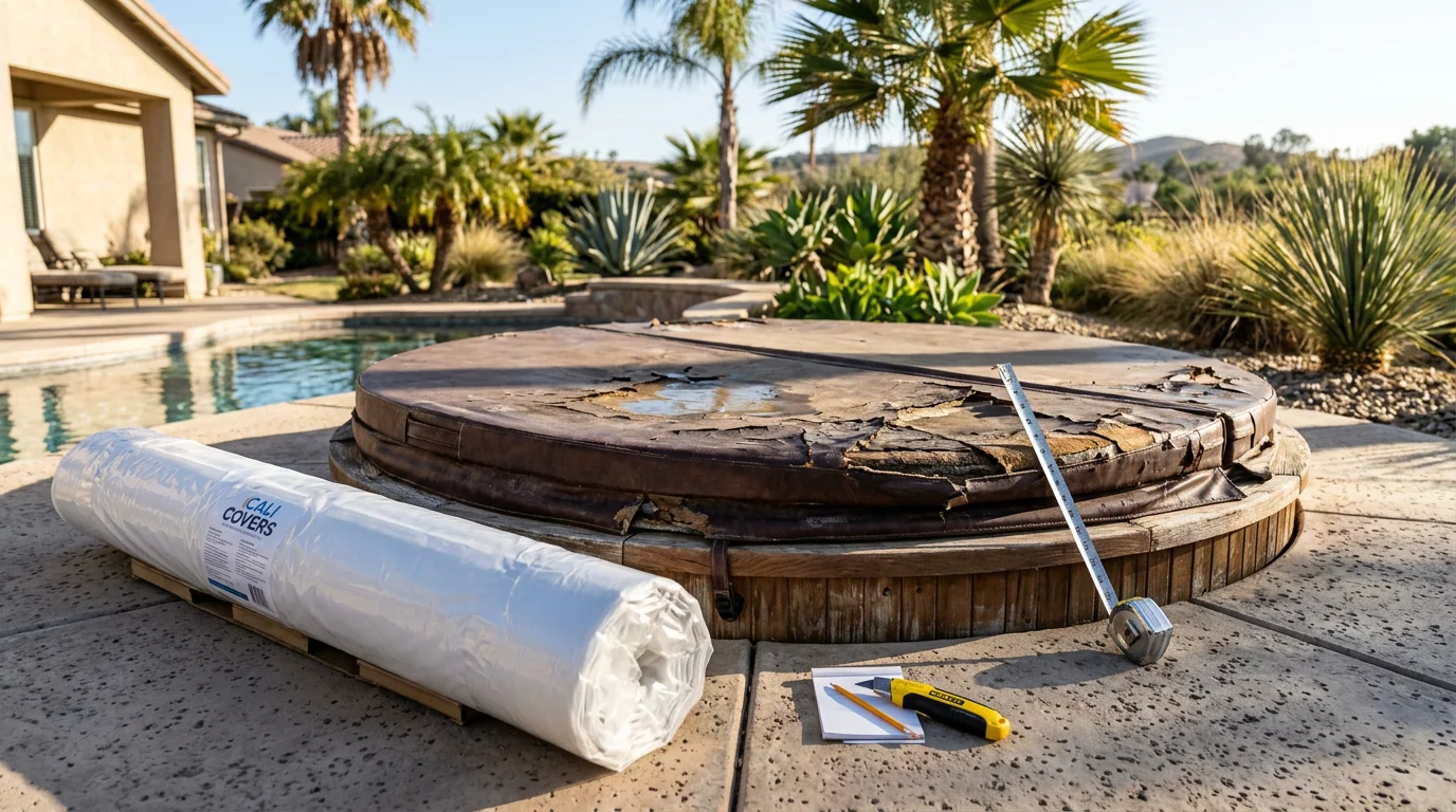 A clean, properly fitted replacement spa cover sitting flush on a residential hot tub in a San Marcos backyard. The cover shows no cracking or sagging, with tight seams and secure tie-down straps.
