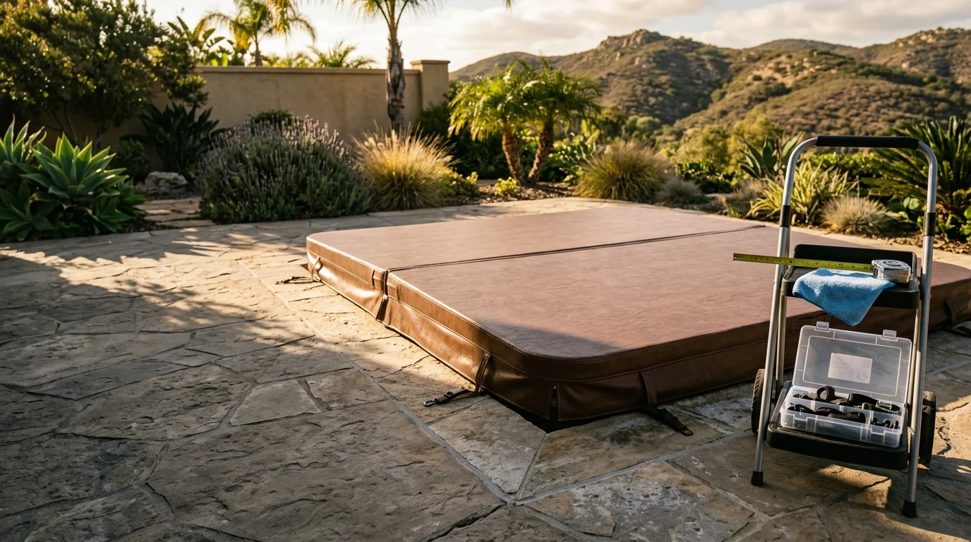 A fitted spa cover resting securely on a backyard hot tub in San Marcos, California, with clear skies and sun visible overhead. The cover sits flush with the spa shell, showing a clean seal around the edges.