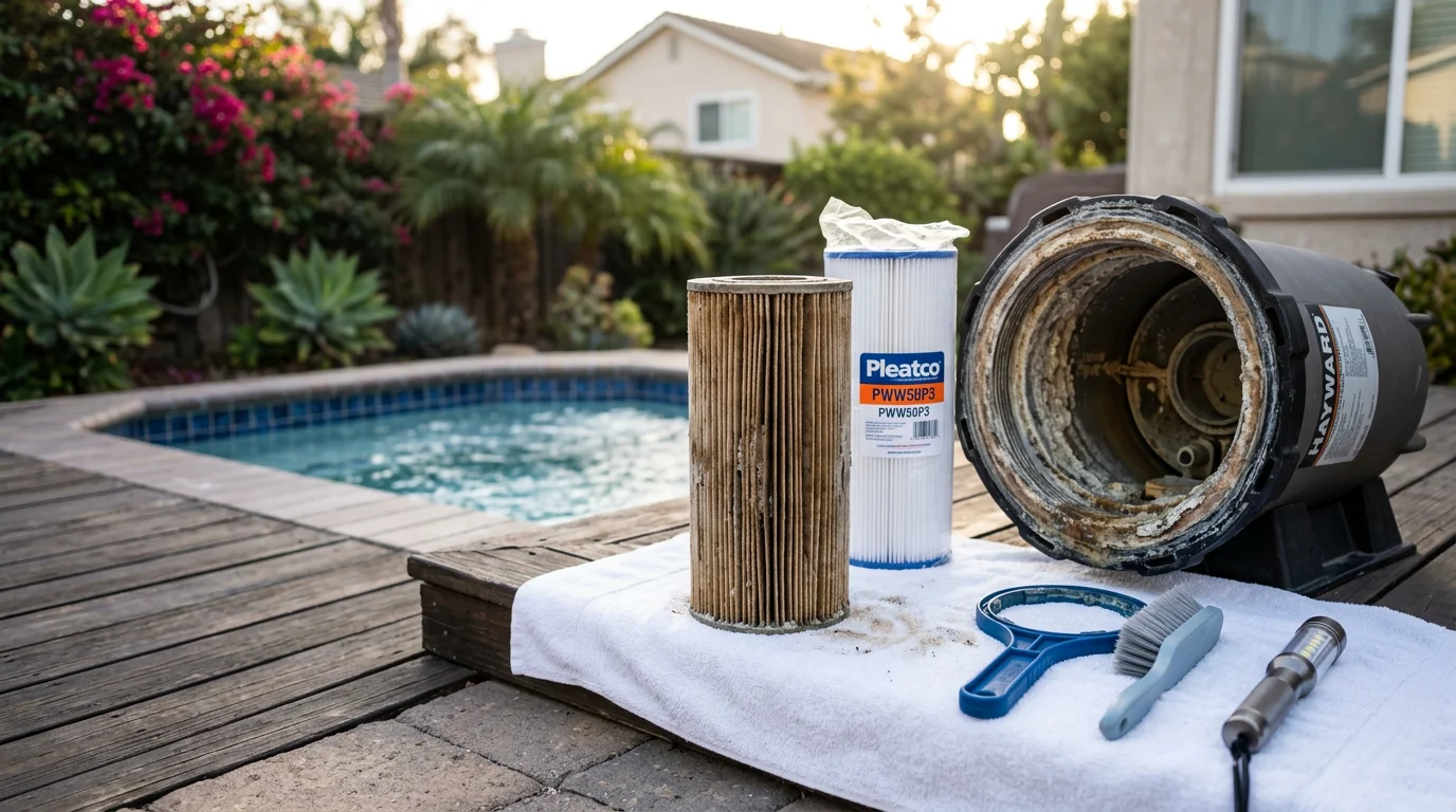 A spa technician removing a worn, discolored filter cartridge from a residential hot tub in San Marcos, California. The filter housing compartment is open and visible, showing the replacement process in a backyard spa setting.